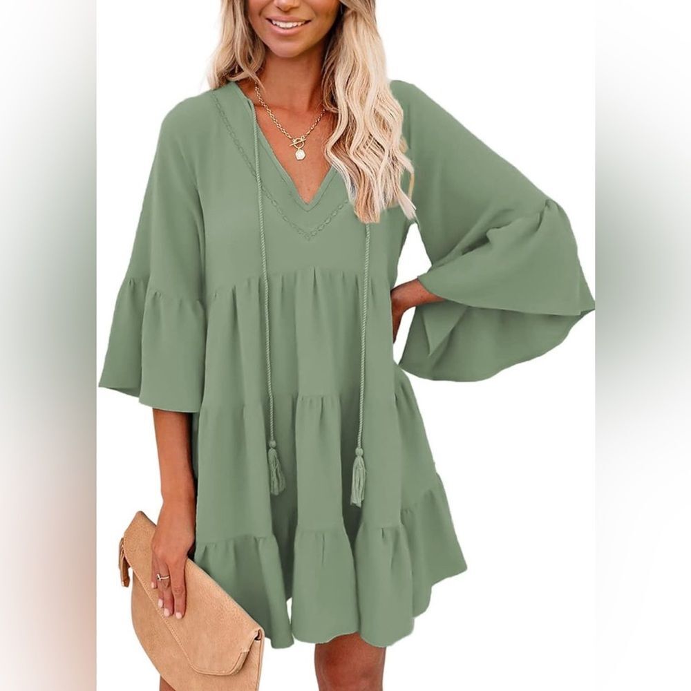 BTFBM Sage Green Fairy Babydoll BOHO Ruffle Bell Sleeve Tassel Dress Sz M EUC